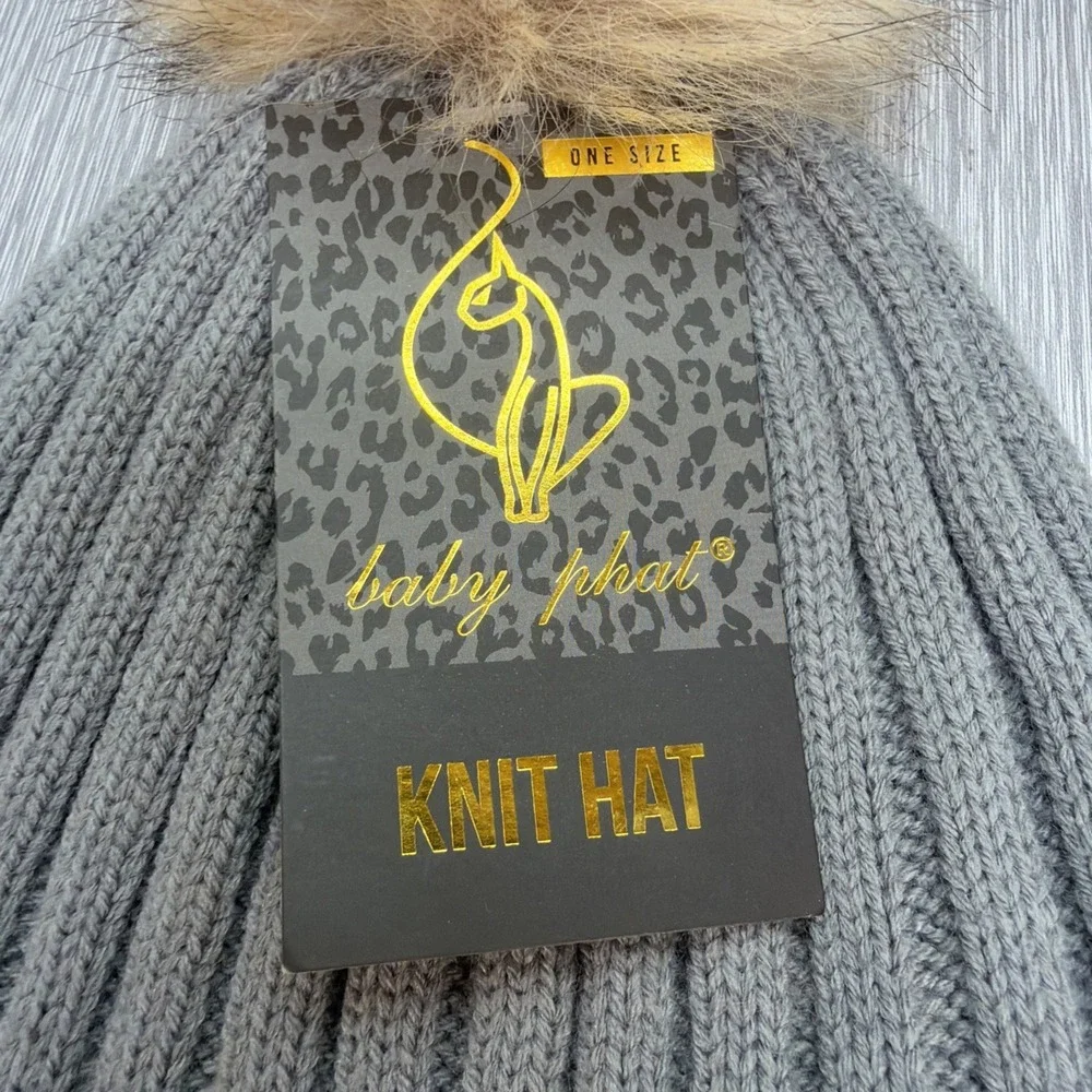 Baby Phat Beanie Knit Hat Grey‎ Faux Fur Pom Y2K Streetwear One Size